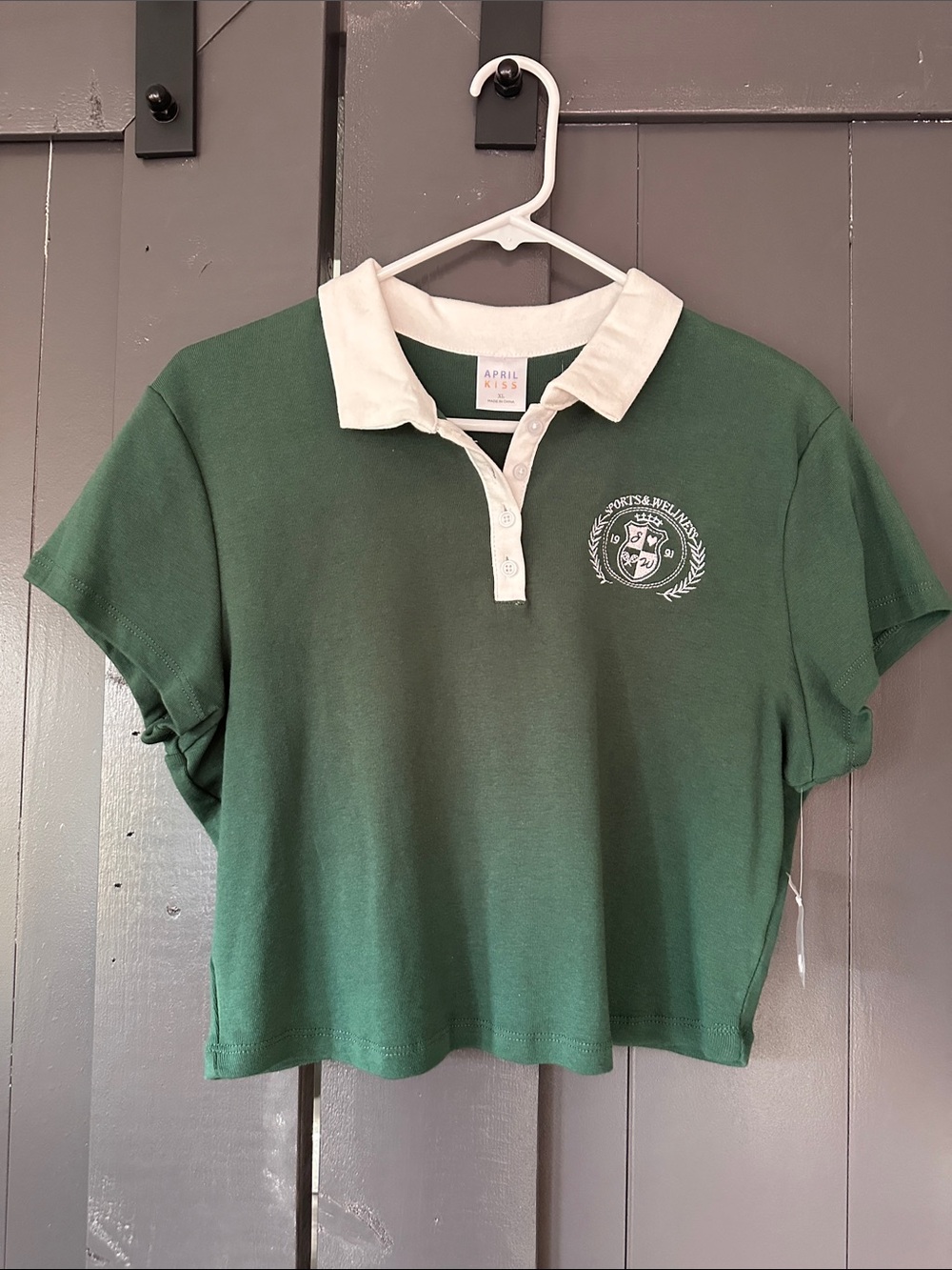 April Kiss Green Cropped Rugby Polo Top with White Collar